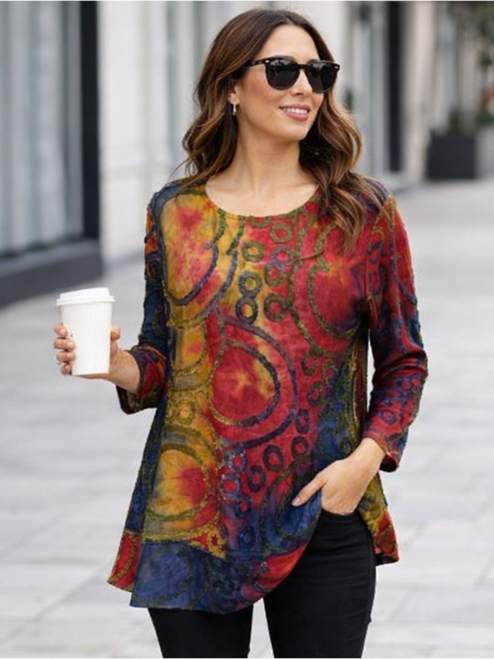Ali Miles Multicolor Abstract Print Top PL Petite Large Long Sleeve w/ scarf